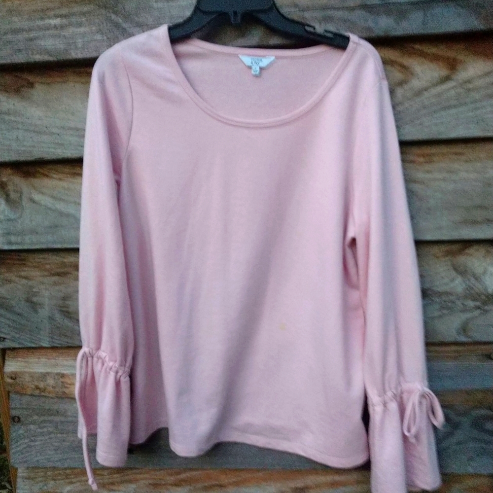 Crown & Ivy Women’s Long Sleeve Shirt Top Blouse  Pink Bell Sleeves w/Tie